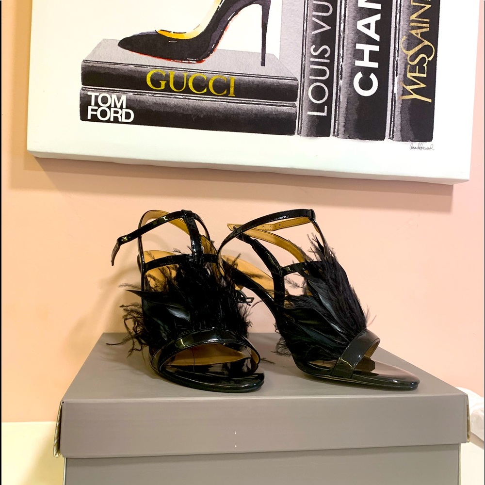 Halston Tasha Patent Feather Pumps Party Black Sandals, Size 5.5, with box